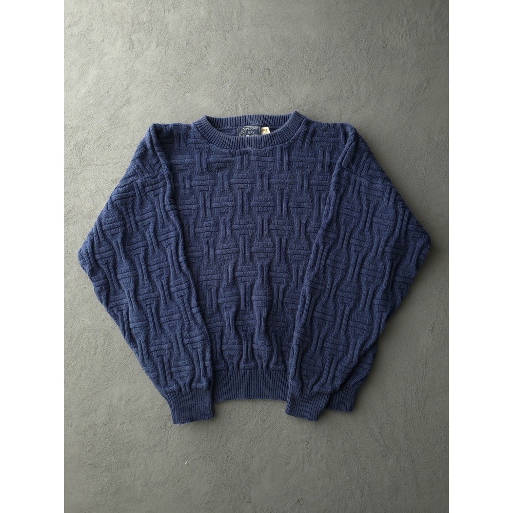 Vintage 80s Peconic Bay Traders Blue Cotton Knit Crewneck Sweater L USA Made